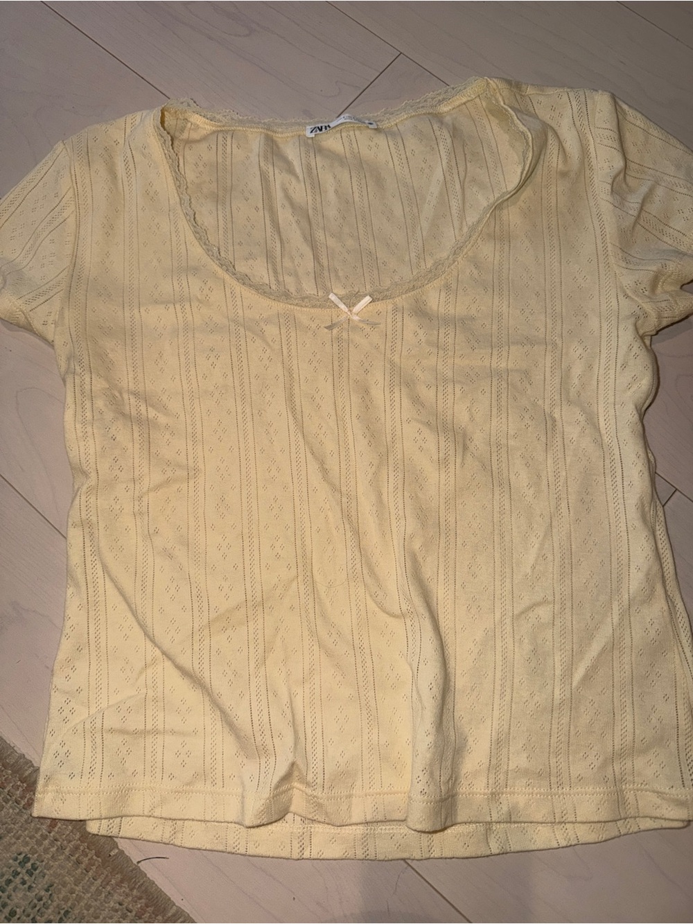 Zara Pale Yellow Pointelle Short Sleeve Scoop Neck Top